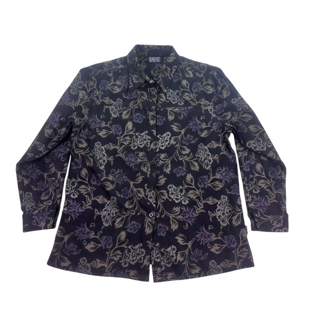 BLASPORT Vintage Floral Button Front Blouse‎ Black Gray Size Large
